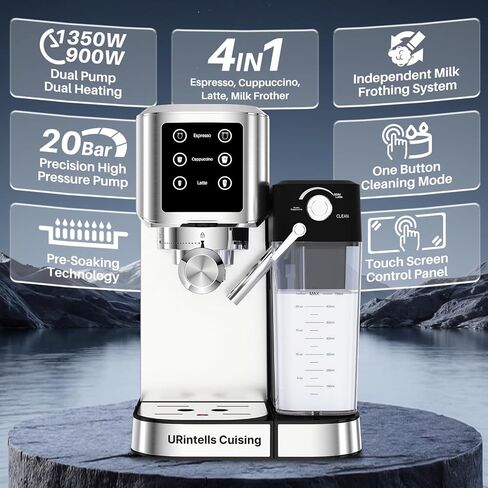 URintells Cuising 4-in-1 Espresso Machine with Touchscreen | Espresso Maker with Milk Frother for Cappuccino Latte,Stainless Steel Coffee Machine with Dual Heating And Pump System in Saudi Arabia