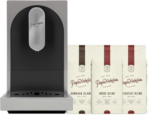 PapaNicholas Espresso Machine and 3 Whole Bean Coffee Bags, Black | Complete cafe system with Hawaiian Islands, House Blend and Breakfast Blend whole bean coffee. One-touch brewing in Saudi Arabia