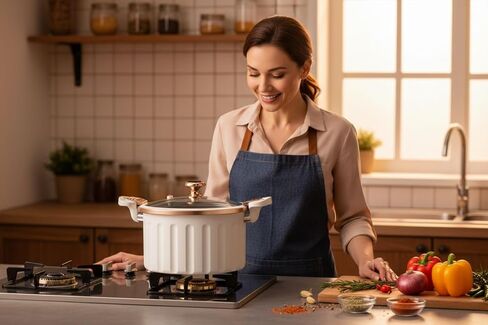 Non-Stick Enamel Pressure Cooker with Push Pull Lock, Silicone Seal, Spill-Proof Valve,ivory in Kuwait