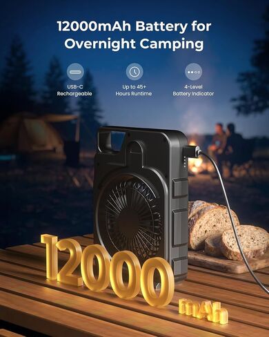 12000mAh Rechargeable Portable Fan, Up to 45H Runtime, Battery Powered Fan with LED Light & Hook, 3 Speeds & 3CCT, Camping Fan for Travel, Camping, Tent, Office, Bedroom in Kuwait