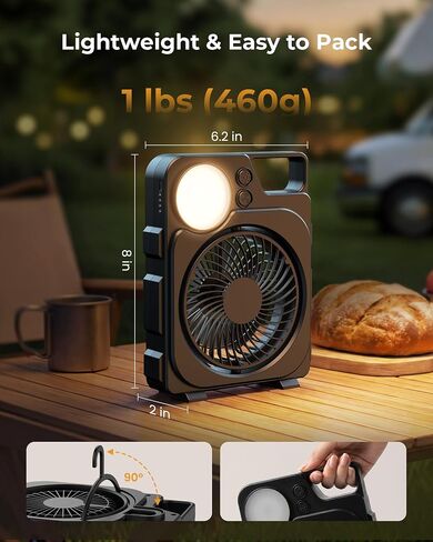 12000mAh Rechargeable Portable Fan, Up to 45H Runtime, Battery Powered Fan with LED Light & Hook, 3 Speeds & 3CCT, Camping Fan for Travel, Camping, Tent, Office, Bedroom in Kuwait