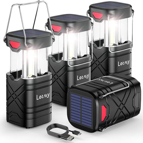 LETMY 4 Pack Camping Lantern, Rechargeable LED Lanterns, Solar Lantern Battery Powered Hurricane Lanterns Flashlight with 3 Powered Ways & USB Cable for Emergency, Power Outage, Hurricane Supplies in Saudi Arabia