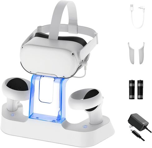 NexiGo Enhanced Charging Dock with LED Light for Oculus/Meta Quest 2, [Support Elite Strap with Battery], Headset Display Stand and Controller Mount, 2 Rechargeable Batteries, White in Kuwait