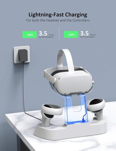 NexiGo Enhanced Charging Dock with LED Light for Oculus/Meta Quest 2, [Support Elite Strap with Battery], Headset Display Stand and Controller Mount, 2 Rechargeable Batteries, White in Kuwait