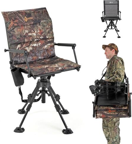 Wide Folding 360° Hunting Swivel Blind Chair | Removable Camouflage Seat Pad, Armrest, No-Sink Feet, Shoulder Strap, Mesh, Adjustable Height, Camping, Beach, Tailgating in Saudi Arabia