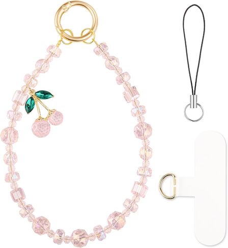 Phone Charm Wrist Strap, Phone Wristlet for Women, Pink Cherry | Cute Beaded Phone Bracelet for Cellphone Camera Bag in Saudi Arabia