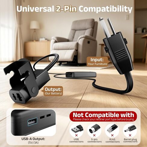3500mAh Universal Battery Pack for Reclining Furniture | LED Display, 2-Pin connector, Wireless, Compatible with Electric Recliner, Power Sofa, Couch, Sectional, and Lift Chairs in Kuwait
