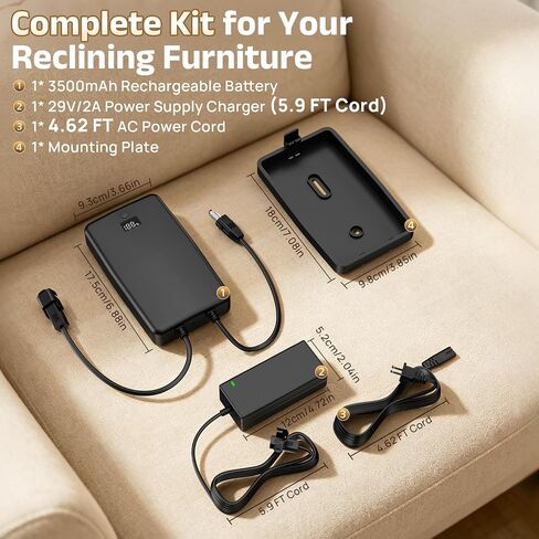 3500mAh Universal Battery Pack for Reclining Furniture | LED Display, 2-Pin connector, Wireless, Compatible with Electric Recliner, Power Sofa, Couch, Sectional, and Lift Chairs in Kuwait