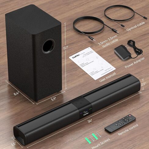 Saiyin Sound Bar for Smart TV with 5.25 Inch Subwoofer, 100W 24 Inch Soundbar for TV, TV Soundbar with Optical, ARC, AUX and Bluetooth 5.3 Inputs, Detachable Surround Sound System for TV | 100W 24 Inch Optical, ARC, AUX and Bluetooth 5.3 Inputs, 5.25 Inch in Saudi Arabia