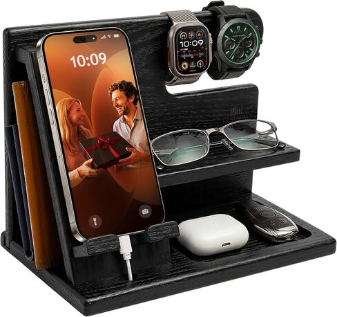 TESLYAR Wood Phone Docking Station for Men - Desktop or Nightstand Organizer - Birthday Gifts for Men, Dad - Anniversary Idea from Wife - Key Holder, Stand Wallet, Watch & Essentials (Bourbon Brown) in Saudi Arabia