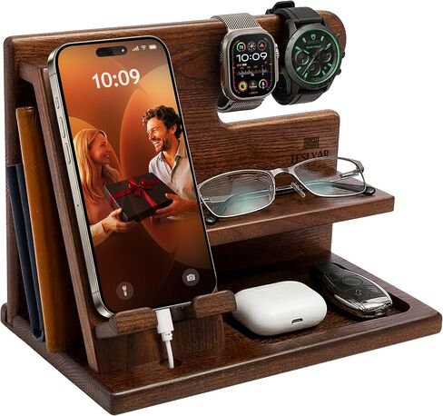 TESLYAR Wood Phone Docking Station for Men - Desktop or Nightstand Organizer - Birthday Gifts for Men, Dad - Anniversary Idea from Wife - Key Holder, Stand Wallet, Watch & Essentials (Bourbon Brown) in Saudi Arabia