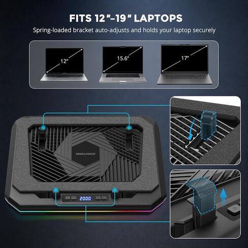 Laptop Cooling Pad, Quiet Turbo Fan Laptop Cooler for 12-19 Inch Gaming Laptop and MacBook, Height Adjustable Laptop Cooling Stand with RGB Light, Sealed Airflow Cooler Pad, USB Powered in Saudi Arabia