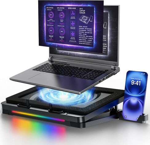 وسادة تبريد للكمبيوتر المحمول LP-3، مروحة توربو قوية 180+ CFM RGB، مبرد كمبيوتر محمول هادئ، حامل مروحة تبريد هادئ للكمبيوتر المحمول مع وسادات مضادة للانزلاق، ارتفاع قابل للتعديل، تحكم 3 سرعات وتصميم LCD لأجهزة الكمبيوتر المحمولة مقاس 12 بوصة - 19 بوصة in Kuwait
