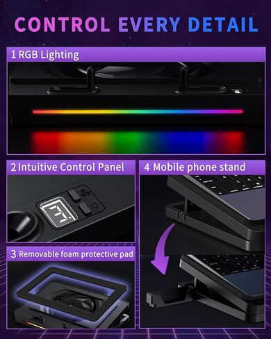 وسادة تبريد للكمبيوتر المحمول LP-3، مروحة توربو قوية 180+ CFM RGB، مبرد كمبيوتر محمول هادئ، حامل مروحة تبريد هادئ للكمبيوتر المحمول مع وسادات مضادة للانزلاق، ارتفاع قابل للتعديل، تحكم 3 سرعات وتصميم LCD لأجهزة الكمبيوتر المحمولة مقاس 12 بوصة - 19 بوصة in Kuwait