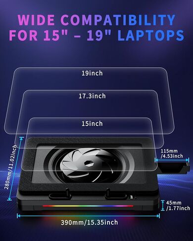 وسادة تبريد للكمبيوتر المحمول LP-3، مروحة توربو قوية 180+ CFM RGB، مبرد كمبيوتر محمول هادئ، حامل مروحة تبريد هادئ للكمبيوتر المحمول مع وسادات مضادة للانزلاق، ارتفاع قابل للتعديل، تحكم 3 سرعات وتصميم LCD لأجهزة الكمبيوتر المحمولة مقاس 12 بوصة - 19 بوصة in Kuwait