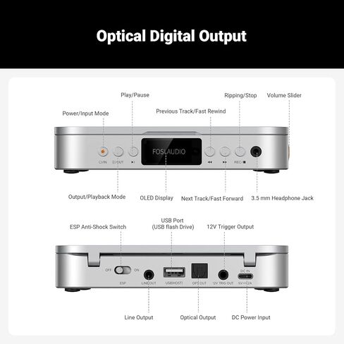 Fosi Audio Merak CD Player Portable Home Audio Desktop HiFi USB CD Ripping | All-in-One Audio Design, Remote Control, OLED Display, USB-A, 3.5mm Headphone Jack, LINE, OPT, 12V Trigger, DC 5V / 2A in Saudi Arabia