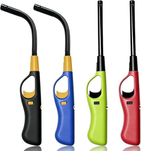 4 Pack Butane Candle Lighters Refillable Long Lighters for Candle Grill BBQ | WITHOUT FUEL, Straight flexible tube combo, Visible fuel tank, One click to ignite, Multi functional, Safety Lock, Adjustable in Saudi Arabia