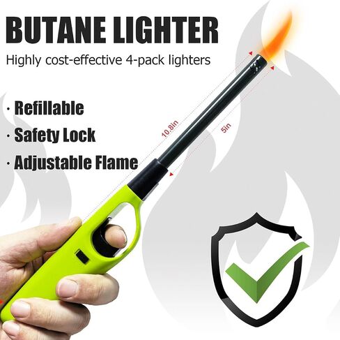 4 Pack Butane Candle Lighters Refillable Long Lighters for Candle Grill BBQ | WITHOUT FUEL, Straight flexible tube combo, Visible fuel tank, One click to ignite, Multi functional, Safety Lock, Adjustable in Saudi Arabia