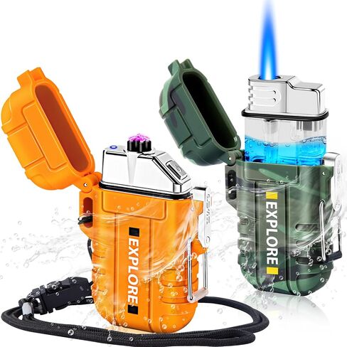 Electric Plasma Lighter, Torch Lighter, 2 Pack Outdoor Waterproof Matches | A Rechargeable Dual Arc lighter + A Refillable Butane Lighter, Camping Hiking Hunting Gadgets,Survival Gear Gifts for Men in Saudi Arabia