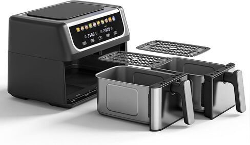 2 Baskets Air Fryer 9.5 QT, 10 in 1 Dual Air Fryers with Ceramic Crisper Plate, 80-450°F Wide Temp, Smart Cooking Mode with Match & Sync Cook, Shake Reminder, Roast, Defrost, Bake, Black in Saudi Arabia