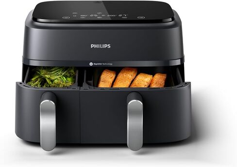 Philips 3000 Series Dual Basket Air Fryer, 8 Ways to Cook, 9.5 Qt, Black | Auto-Sync finishes two foods together, RapidAir technology for even crisping, dishwasher-safe (NA351/00) in Saudi Arabia