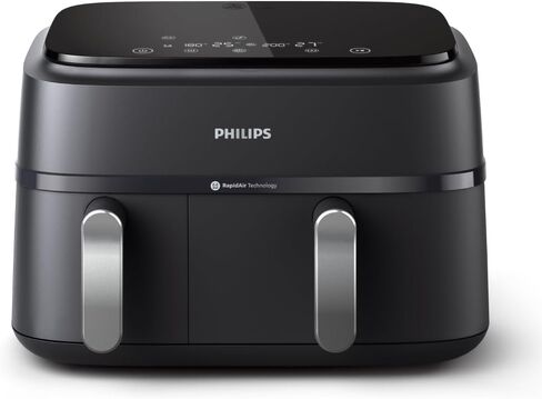 Philips 3000 Series Dual Basket Air Fryer, 8 Ways to Cook, 9.5 Qt, Black | Auto-Sync finishes two foods together, RapidAir technology for even crisping, dishwasher-safe (NA351/00) in Saudi Arabia