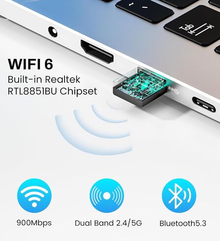 USB WiFi 6 Adapter for PC Desktop & Laptop, 900Mbps Dual Band 2.4/5GHz with Bluetooth 5.3, Nano Size Plug & Play, Windows 11/10 Driver-Free, Reconnect 7 Devices Simultaneously in Saudi Arabia