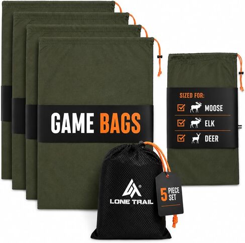 Elk Game Bags 5 Pack - Breathable Ripstop Hunting Meat Bags | 40D nylon quarter sacks, four 24x40in plus one 17x29in trim, reflective strip, washable, reusable for deer, moose, caribou in Saudi Arabia