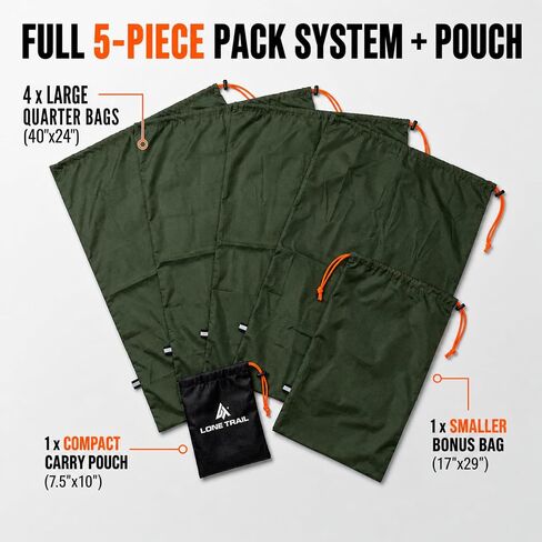 Elk Game Bags 5 Pack - Breathable Ripstop Hunting Meat Bags | 40D nylon quarter sacks, four 24x40in plus one 17x29in trim, reflective strip, washable, reusable for deer, moose, caribou in Saudi Arabia