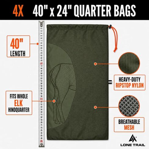 Elk Game Bags 5 Pack - Breathable Ripstop Hunting Meat Bags | 40D nylon quarter sacks, four 24x40in plus one 17x29in trim, reflective strip, washable, reusable for deer, moose, caribou in Saudi Arabia
