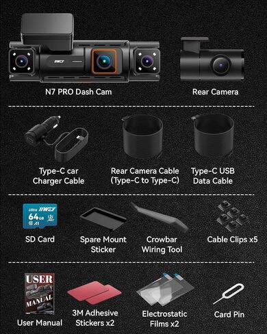 IIWEY N7 PRO 4K STARVIS 4-Channel Dash Cam 360° View, 8-IR Night Vision | Free 64GB Card, 4K 2160P Recording with Faster WiFi 6, GPS , 3.18" IPS, 24/7 Parking Mode, Front, Rear & Dual Inside Cams in Saudi Arabia