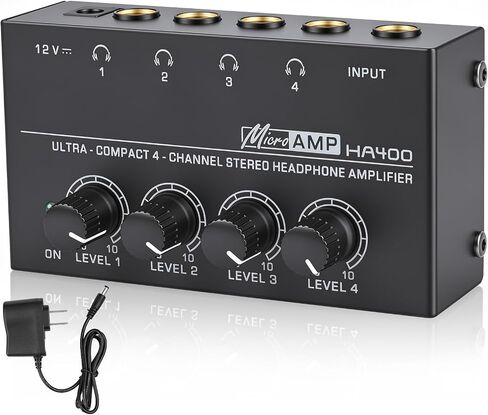 4 Channel Headphone Amplifier, Mini Metal Stereo Audio Amp with 1/4" TRS Input & 4 TRS Outputs, 12V Power Adapter, Portable Headphone Splitter Amplifier for PC, Guitar, Studio, Stage in Kuwait
