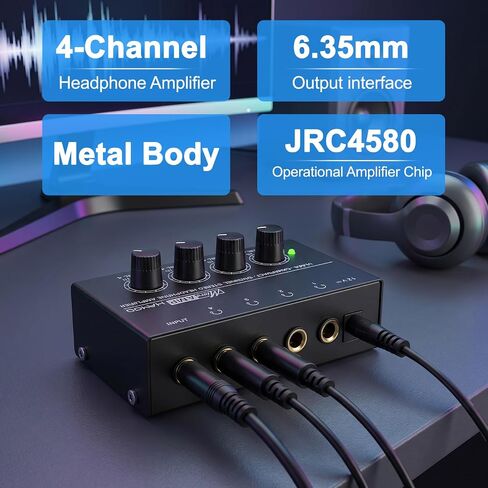 4 Channel Headphone Amplifier, Mini Metal Stereo Audio Amp with 1/4" TRS Input & 4 TRS Outputs, 12V Power Adapter, Portable Headphone Splitter Amplifier for PC, Guitar, Studio, Stage in Kuwait