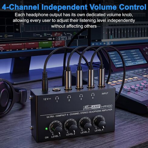 4 Channel Headphone Amplifier, Mini Metal Stereo Audio Amp with 1/4" TRS Input & 4 TRS Outputs, 12V Power Adapter, Portable Headphone Splitter Amplifier for PC, Guitar, Studio, Stage in Kuwait