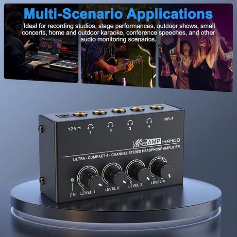 4 Channel Headphone Amplifier, Mini Metal Stereo Audio Amp with 1/4" TRS Input & 4 TRS Outputs, 12V Power Adapter, Portable Headphone Splitter Amplifier for PC, Guitar, Studio, Stage in Kuwait