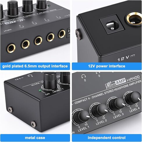4 Channel Headphone Amplifier, Mini Metal Stereo Audio Amp with 1/4" TRS Input & 4 TRS Outputs, 12V Power Adapter, Portable Headphone Splitter Amplifier for PC, Guitar, Studio, Stage in Kuwait