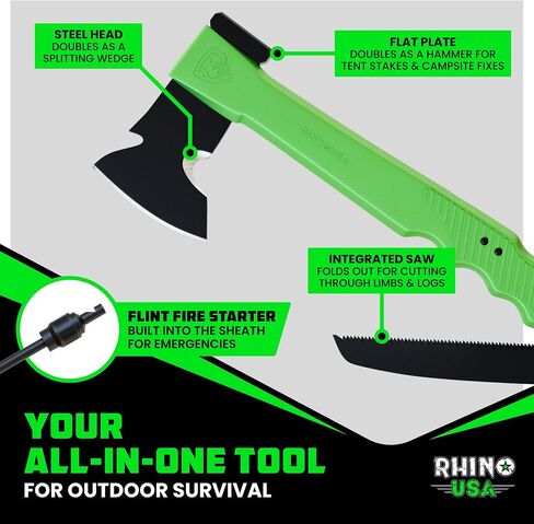 فأس التخييم من Rhino USA مع منشار قابل للطي ومشعل نار - فأس النجاة | فأس يدوية وفأس للتخييم 2 في 1 لحقائب الظهر والهبوط البري وصناعة الأدغال وإعداد البقاء على قيد الحياة. مدمجة وخفيفة الوزن. أخضر in Kuwait