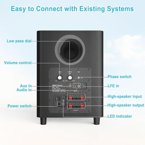 BESTISAN Powered Subwoofer, Deep Bass Sub, Down Firing Subs, Easy Setup with Home Theater System, Receiver, Speakers, Coaxial Cable Included, RCA, LFE, AUX Input, High-Level Speaker Input & Output in Saudi Arabia