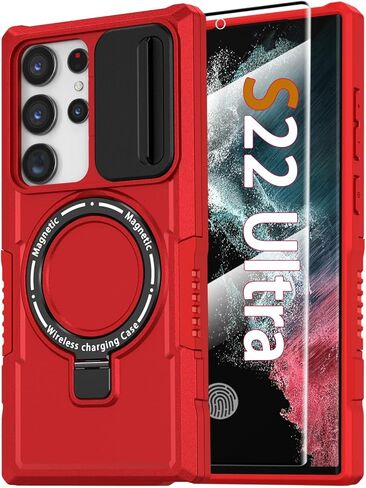 For Samsung Galaxy S23 Ultra Magnetic Case with Ring Stand [Compatible with MagSafe] [Screen Protector] [Military-Grade Protection] Heavy Duty Rugged Shockproof Case with Slide Camera Cover, Black in Kuwait