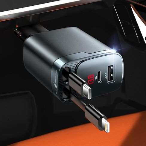 84W Retractable Car Charger, 4-in-1 Car Charger USB C Fast Charge Adapter | Cigarette Lighter USB Charger for iPhone 17 16 15 14 13 12 Pro Max, Samsung, Car Accessories Birthday Gifts for Men Women in Kuwait
