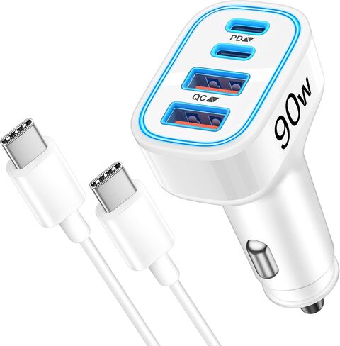 90W 4-Port USB C Super Fast Car Charger for Samsung Galaxy S26/S25/S24/S23 | iPhone 17/16/15, Android, Type C Fast Charging Car Phone Charger Accessories Cigarette Lighter Adapter, with 3FT USB-C Cable in Kuwait