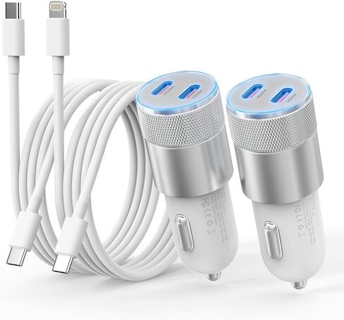 iPhone Car Charger Fast Charging, 60W Car Charger+Two Types of Cables, 2PCS | 2-Port Power Cigarette Lighter Adapter, with Type-C&Lightning Cable for iPhone 17 16 15 14 13 Pro Plus XS, Samsung and More in Saudi Arabia