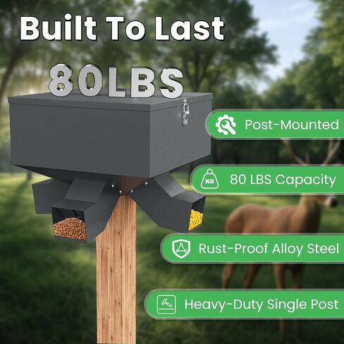 Portable 80LB Gravity Deer Feeder, Heavy Duty Metal Wildlife Feeder with 4 Feeding Ports, Weatherproof for Hunting & Backyard Game in Saudi Arabia