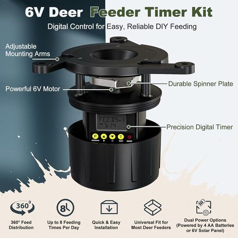 6V Deer Feeder Kit with Digital Timer, Dual Power (Solar Ready & Battery Backup), 1–8 Feedings Per Day, Adjustable Duration & Speeds, Fits Most Buckets, Easy DIY Game Feeder System in Saudi Arabia