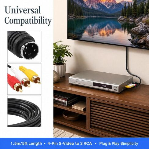 S Video Cable Pin S-Video 4 Pin S-Video Male to 3 RCA Male Composite AV Mini DIN Cable 5 ft Adapter for TVs Monitors VCRs DVD Players Camcorders Projectors Capture Cards 60inch in Saudi Arabia