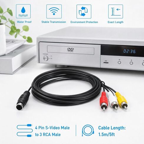 S Video Cable Pin S-Video 4 Pin S-Video Male to 3 RCA Male Composite AV Mini DIN Cable 5 ft Adapter for TVs Monitors VCRs DVD Players Camcorders Projectors Capture Cards 60inch in Saudi Arabia
