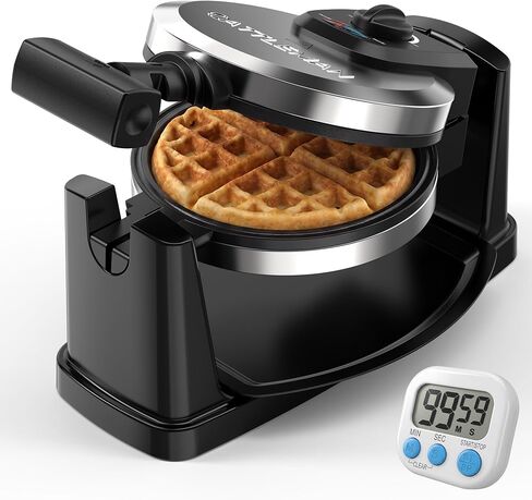 CATTLEMAN Waffle Maker, Rotating Belgian Waffle Maker with Magnetic Timer, 180° Flip Waffle Iron, Nonstick Plates, Adjustable Browning, Drip Tray, Cool Touch Handle for Crispy Family Breakfast in Saudi Arabia