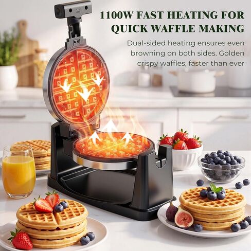 CATTLEMAN Waffle Maker, Rotating Belgian Waffle Maker with Magnetic Timer, 180° Flip Waffle Iron, Nonstick Plates, Adjustable Browning, Drip Tray, Cool Touch Handle for Crispy Family Breakfast in Saudi Arabia