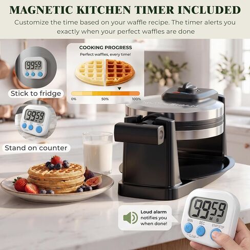 CATTLEMAN Waffle Maker, Rotating Belgian Waffle Maker with Magnetic Timer, 180° Flip Waffle Iron, Nonstick Plates, Adjustable Browning, Drip Tray, Cool Touch Handle for Crispy Family Breakfast in Saudi Arabia