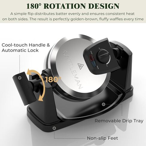 CATTLEMAN Waffle Maker, Rotating Belgian Waffle Maker with Magnetic Timer, 180° Flip Waffle Iron, Nonstick Plates, Adjustable Browning, Drip Tray, Cool Touch Handle for Crispy Family Breakfast in Saudi Arabia